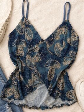 ROMWE Paisley Mesh Cami Top Blue Sheer Y2K Spaghetti Strap Women's S